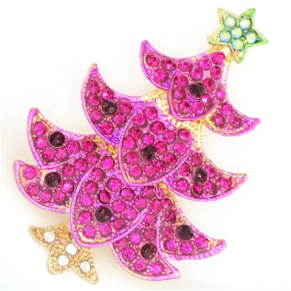 NWT Betsy Johnson Hot Rose and crystal Christmas Tree Brooch. - Picture 6 of 7